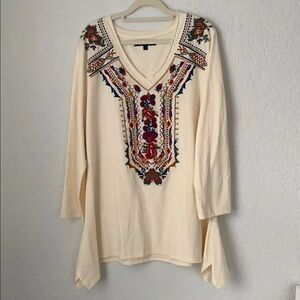 Calessa Embroidered Cream Women's Top Tunic V-Neck Long Sleeve Size L